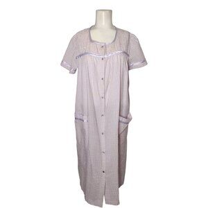 Kmart Pink Gingham Seersucker House Dress Mumu Sz S Vtg Smock Satin Trim